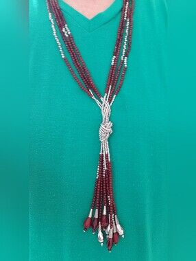 Intricate Indian Handmade Beaded Necklace, Wine & Silver W/crystals, Extra Long.